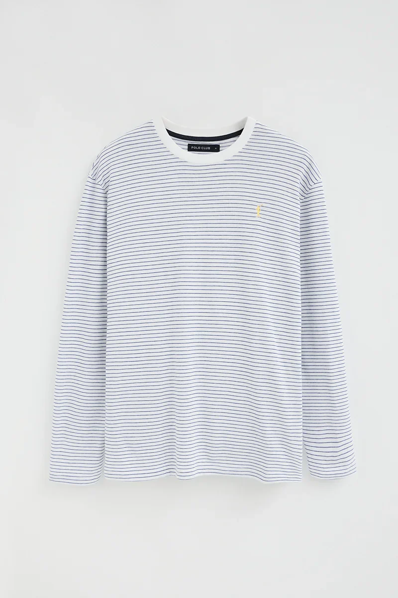 Striped long-sleeve T-shirt in white and royal blue with Rigby Go embroidery