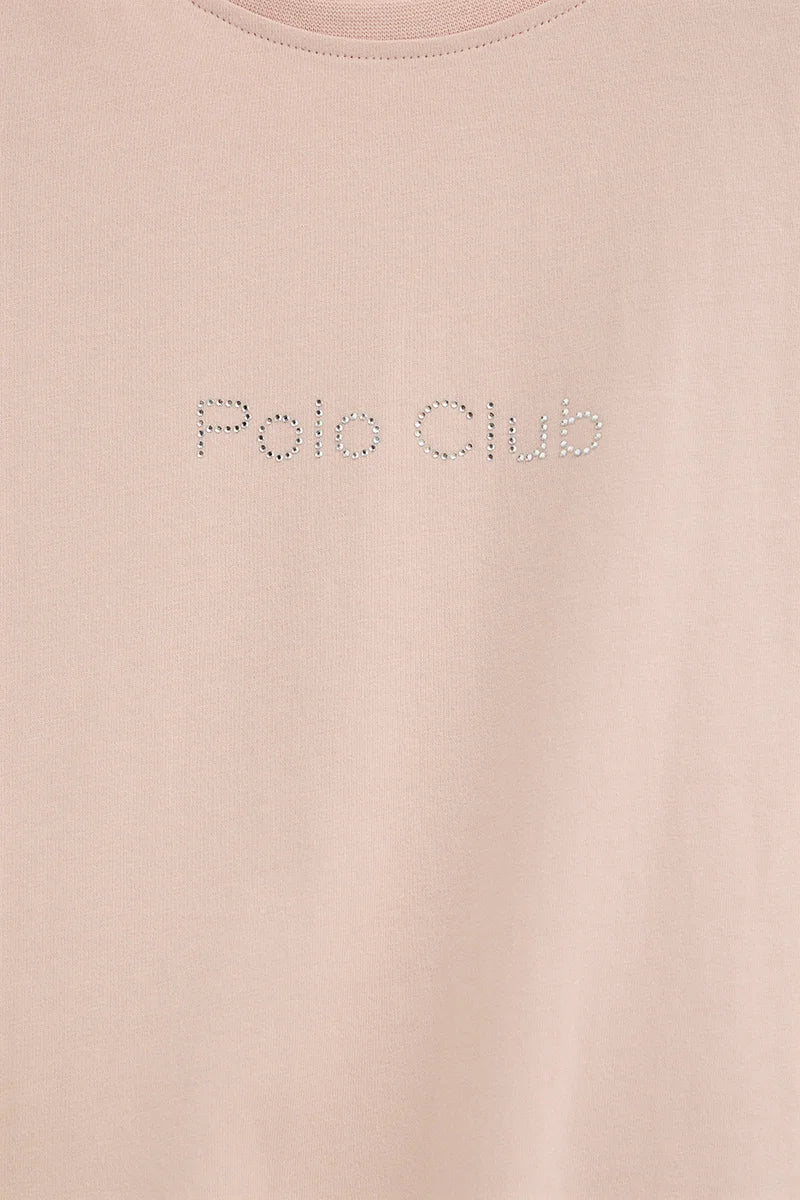 Blush-pink short-sleeve straight-fit T-shirt with Polo Club rhinestones - Image 7
