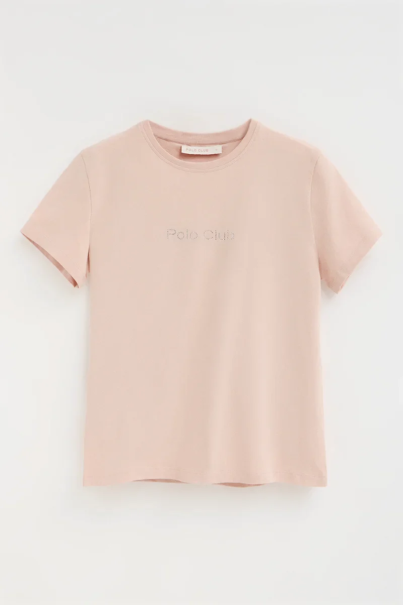 Blush-pink short-sleeve straight-fit T-shirt with Polo Club rhinestones - Image 9