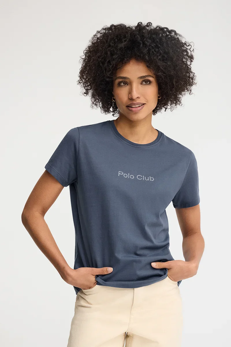 Denim-blue short-sleeve straight-fit T-shirt with Polo Club rhinestones - Image 3