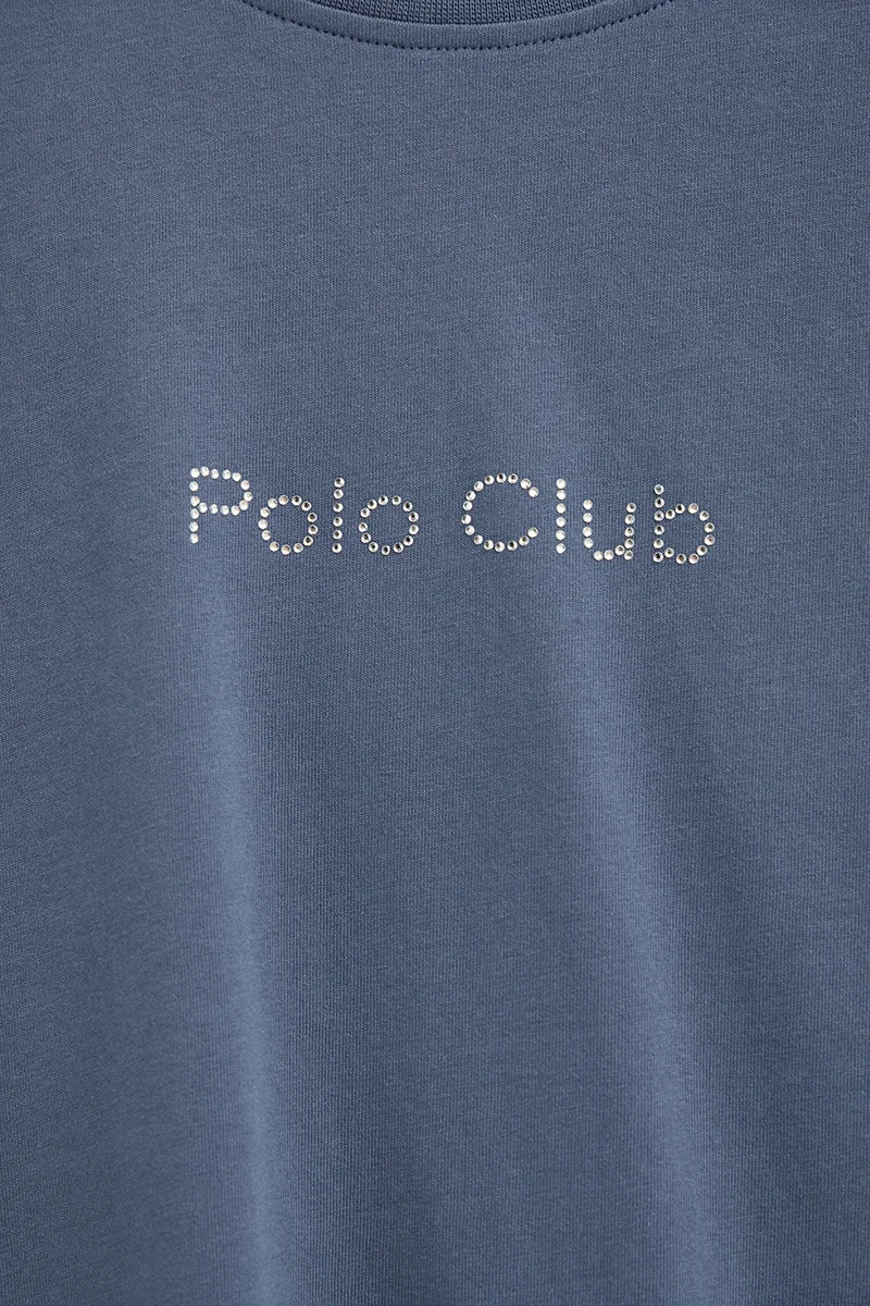 Denim-blue short-sleeve straight-fit T-shirt with Polo Club rhinestones - Image 7