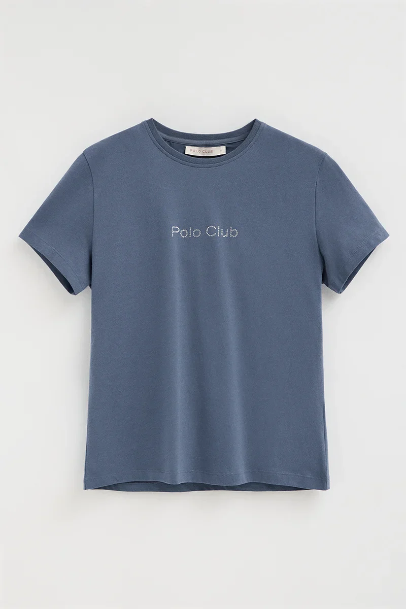 Denim-blue short-sleeve straight-fit T-shirt with Polo Club rhinestones - Image 9