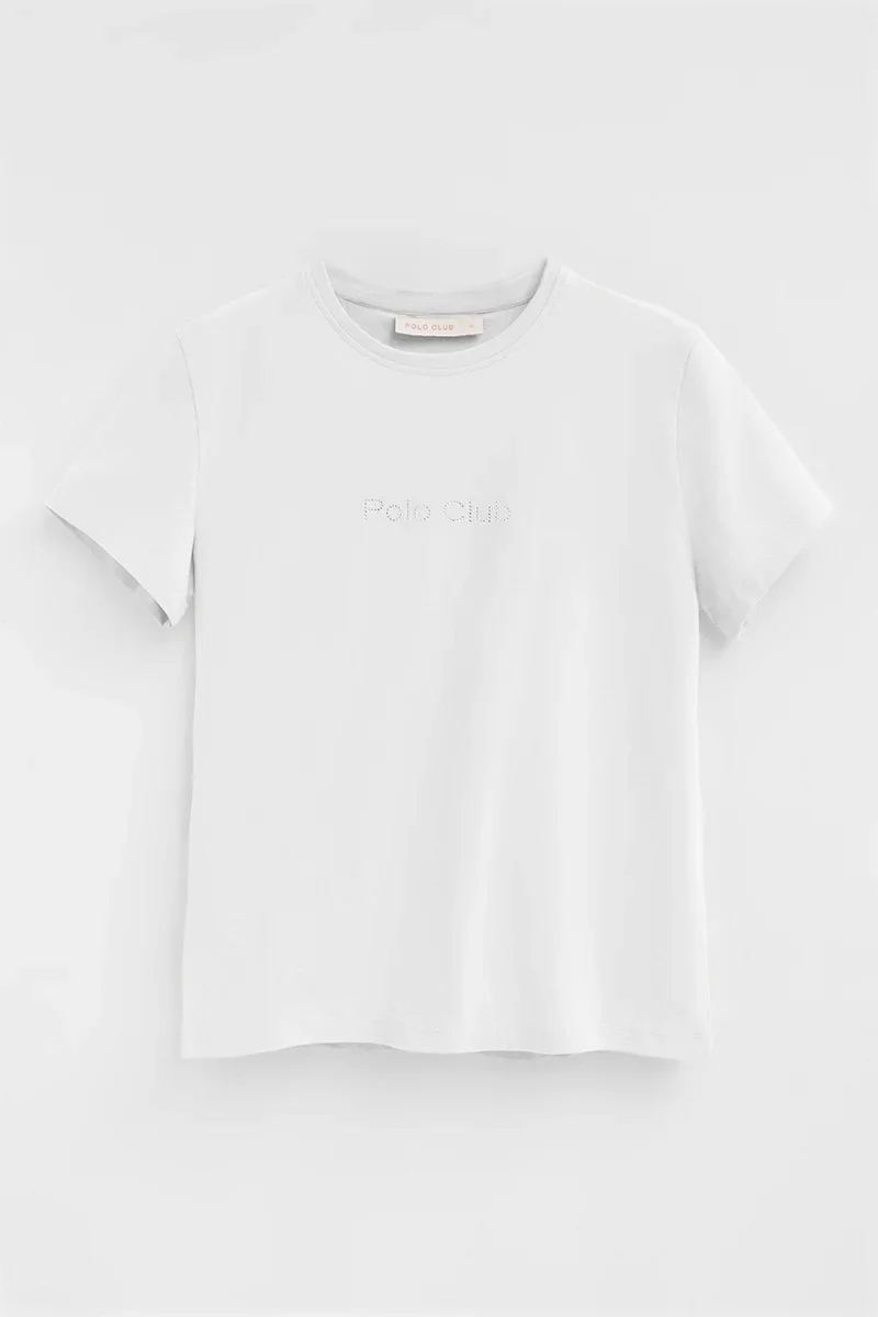 White short-sleeve straight-fit T-shirt with Polo Club rhinestones - Image 6