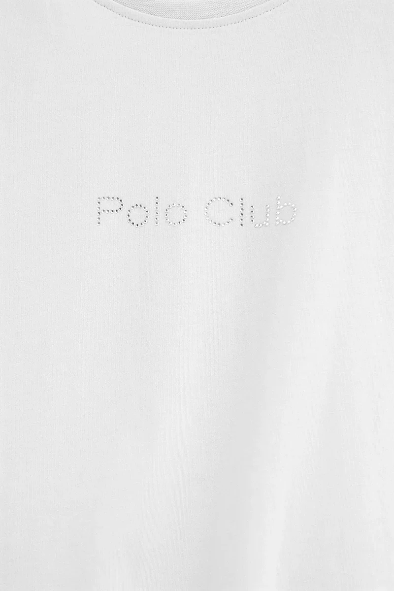 White short-sleeve straight-fit T-shirt with Polo Club rhinestones - Image 7
