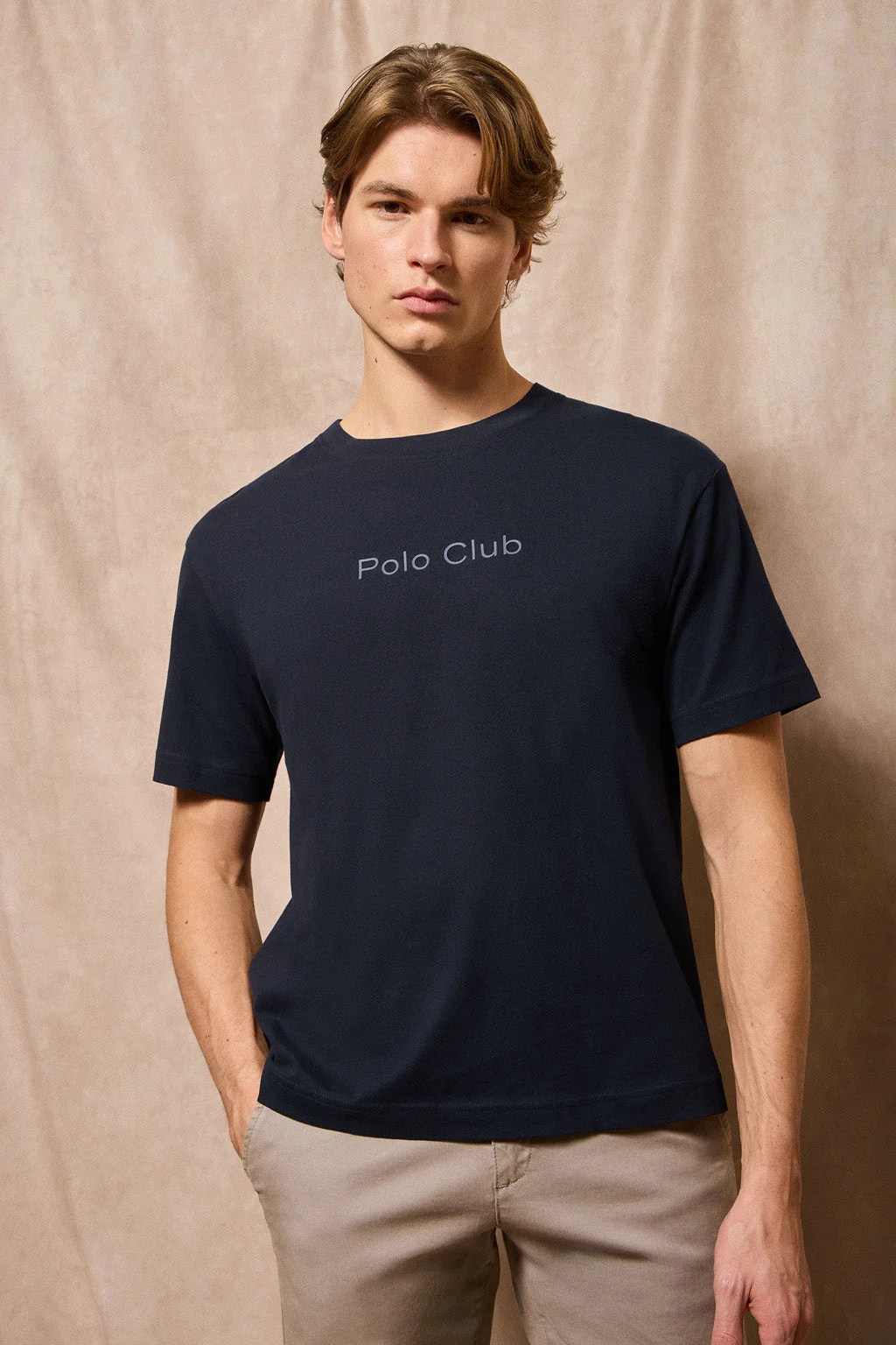 Navy-blue round-neck short-sleeve tee with Polo Club logo