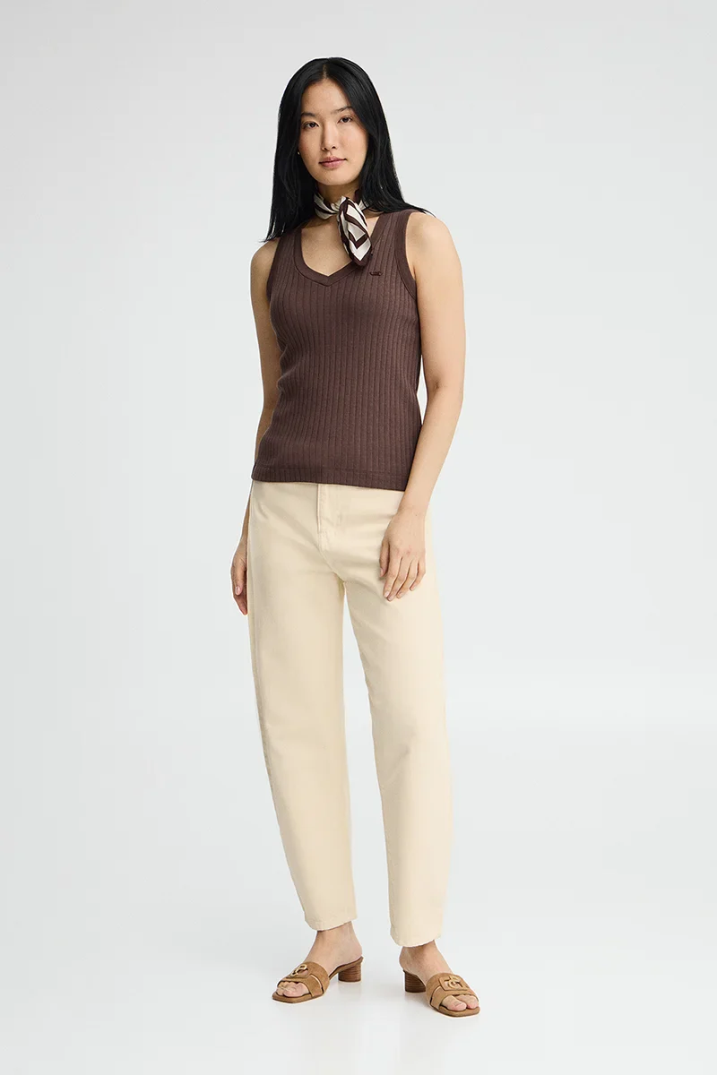 Chocolate sleeveless ribbed T-shirt with V-neck and Polo Club logo - Image 3