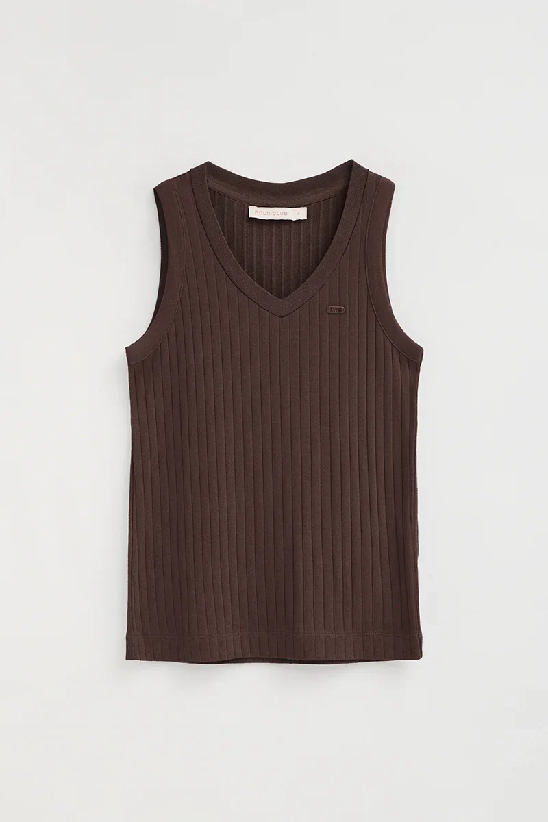Chocolate sleeveless ribbed T-shirt with V-neck and Polo Club logo - Image 6
