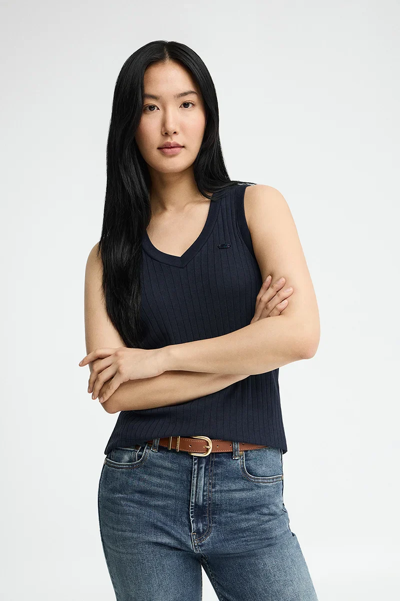 Navy-blue sleeveless ribbed T-shirt with V-neck and Polo Club logo