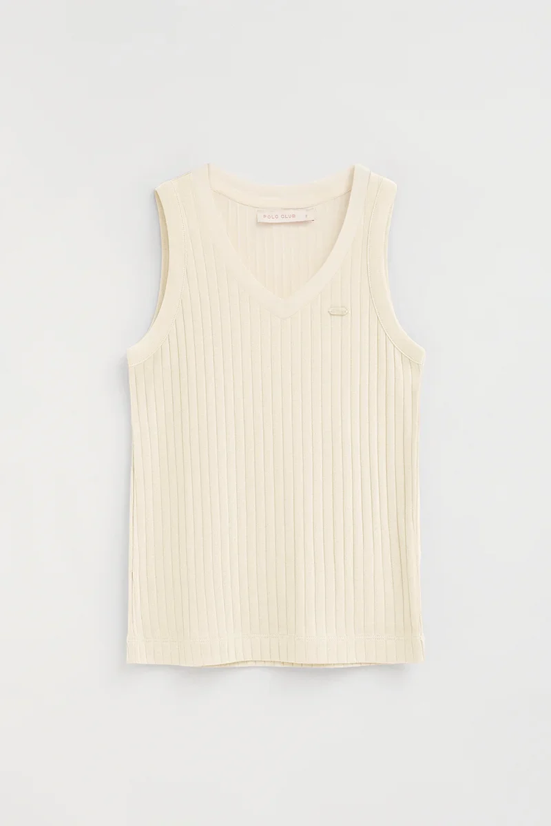 Nude sleeveless ribbed T-shirt with V-neck and Polo Club logo - Image 9