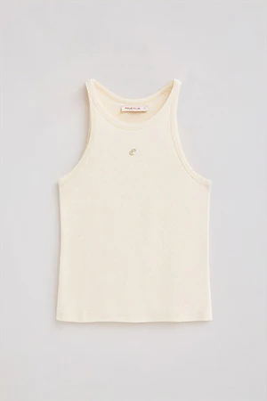 Nude tank top in linen and cotton with embroidered monogram - Image 8