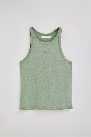 Jade-green tank top in linen and cotton with embroidered monogram - Image 8