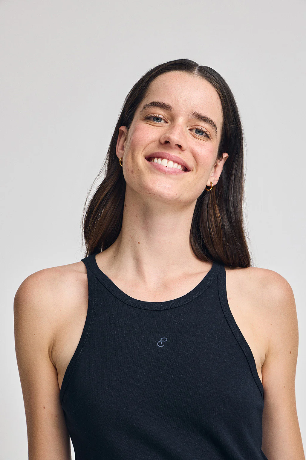 Navy-blue tank top in linen and cotton with embroidered monogram - Image 3