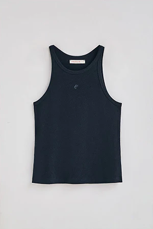 Navy-blue tank top in linen and cotton with embroidered monogram - Image 8