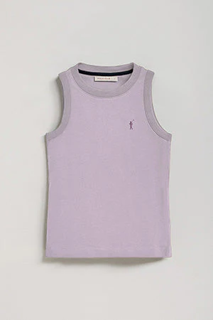 Lavender-blue sleeveless basic tee with round neck and Rigby Go embroidered logo - Image 9