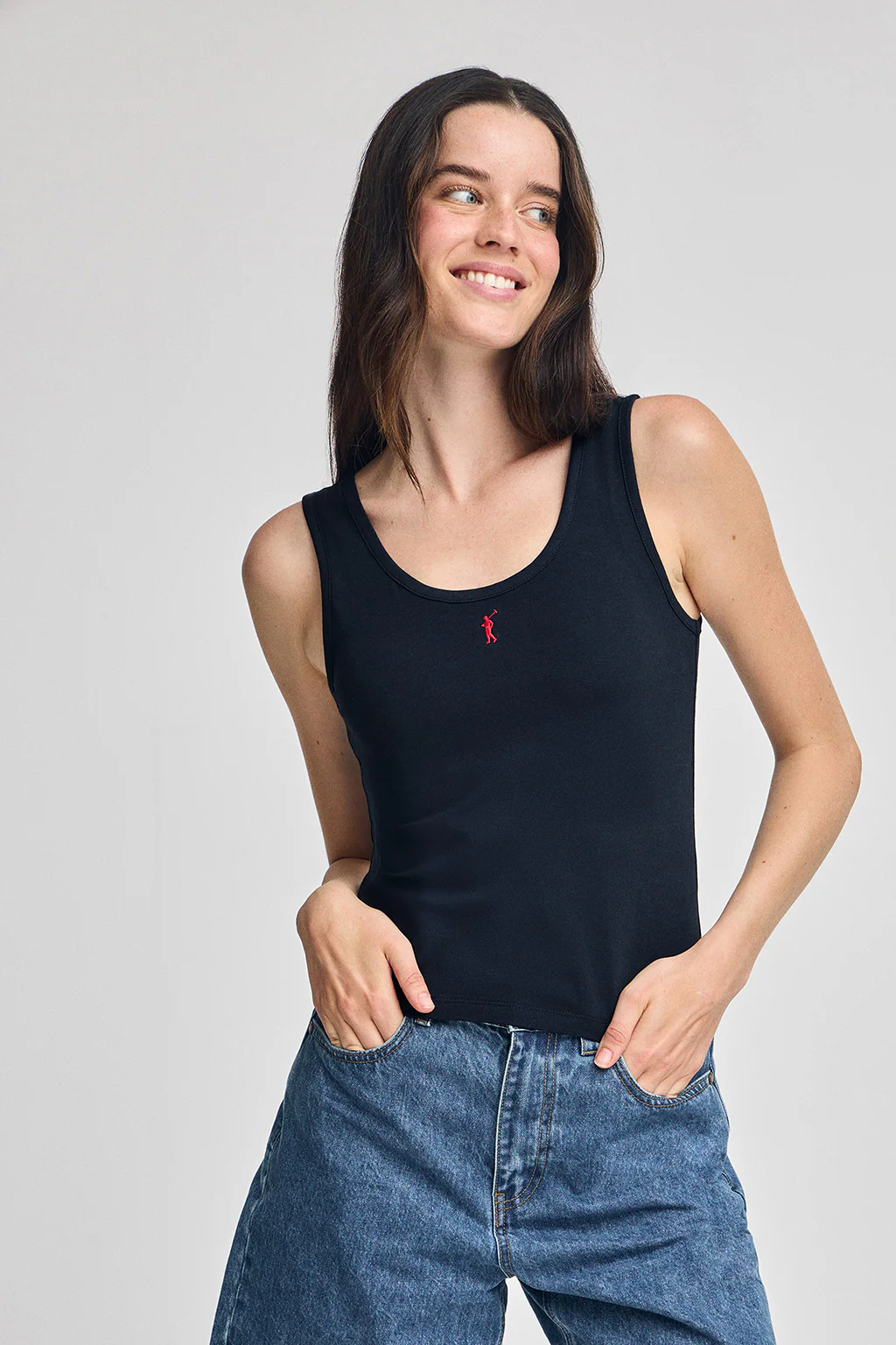 Navy-blue tank top with Rigby Go embroidery