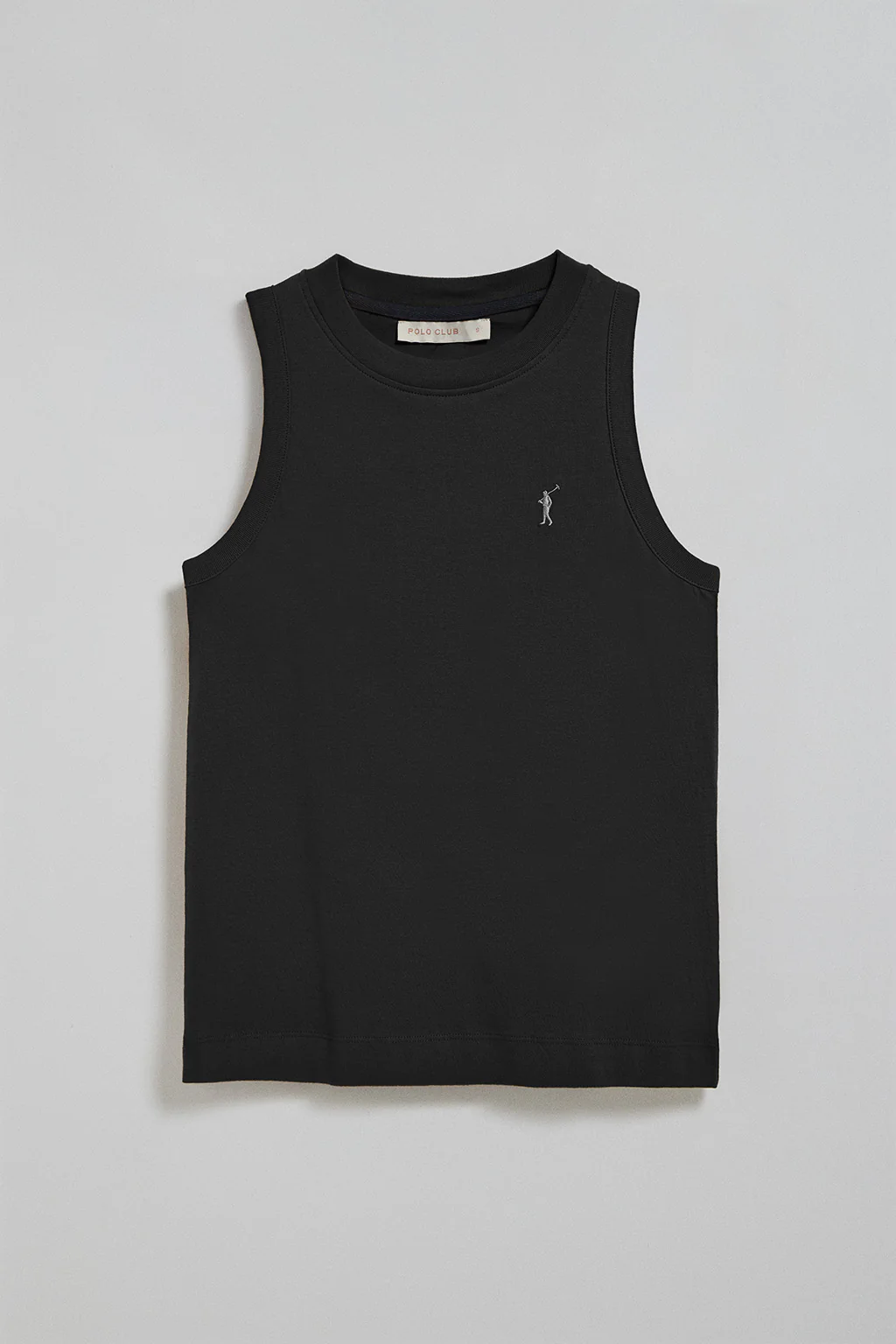 Black sleeveless basic tee with round neck and Rigby Go embroidered logo - Image 8