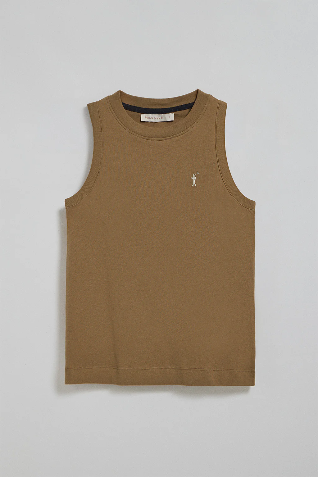 Brown sleeveless basic tee with round neck and Rigby Go embroidered logo - Image 5