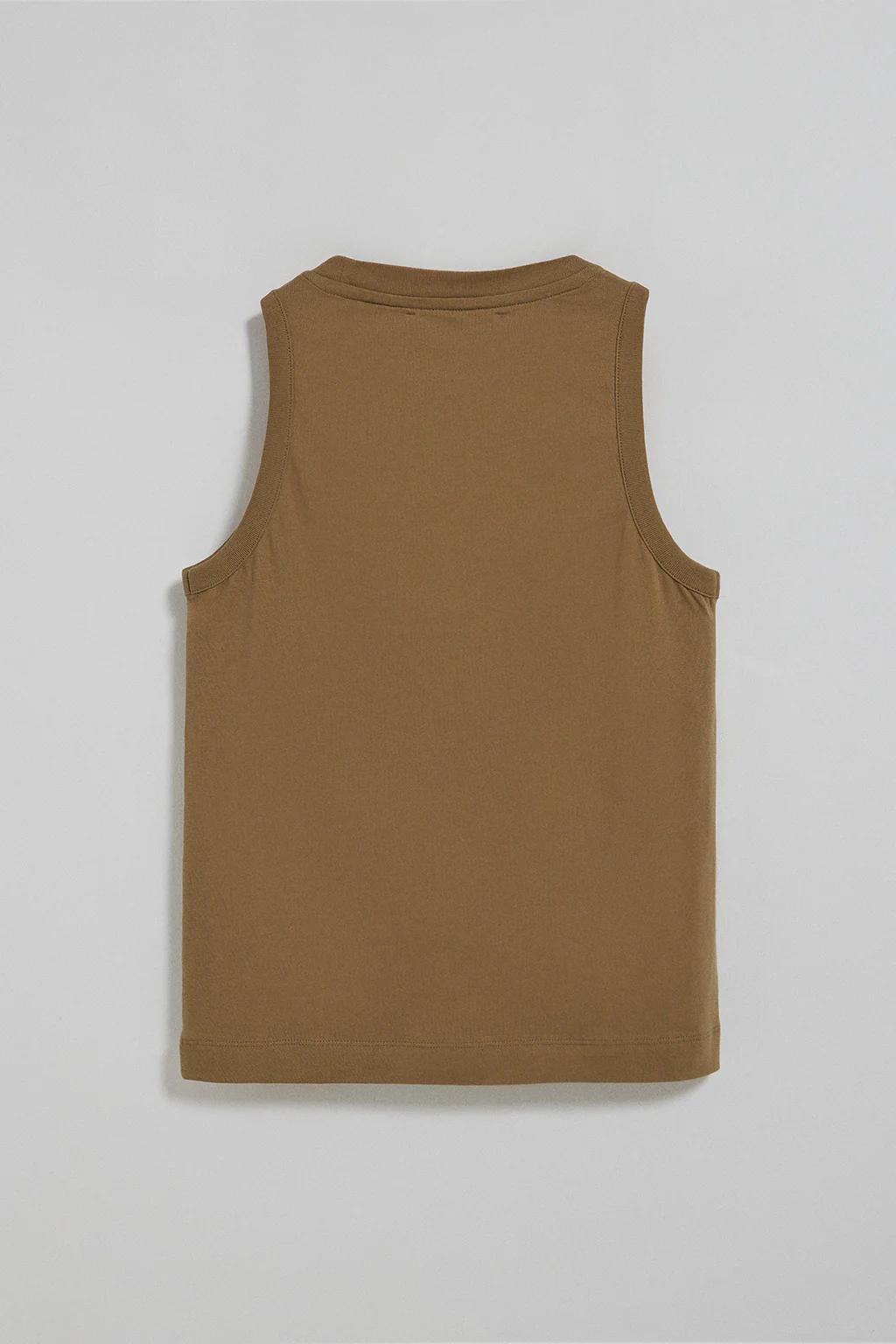 Brown sleeveless basic tee with round neck and Rigby Go embroidered logo - Image 6