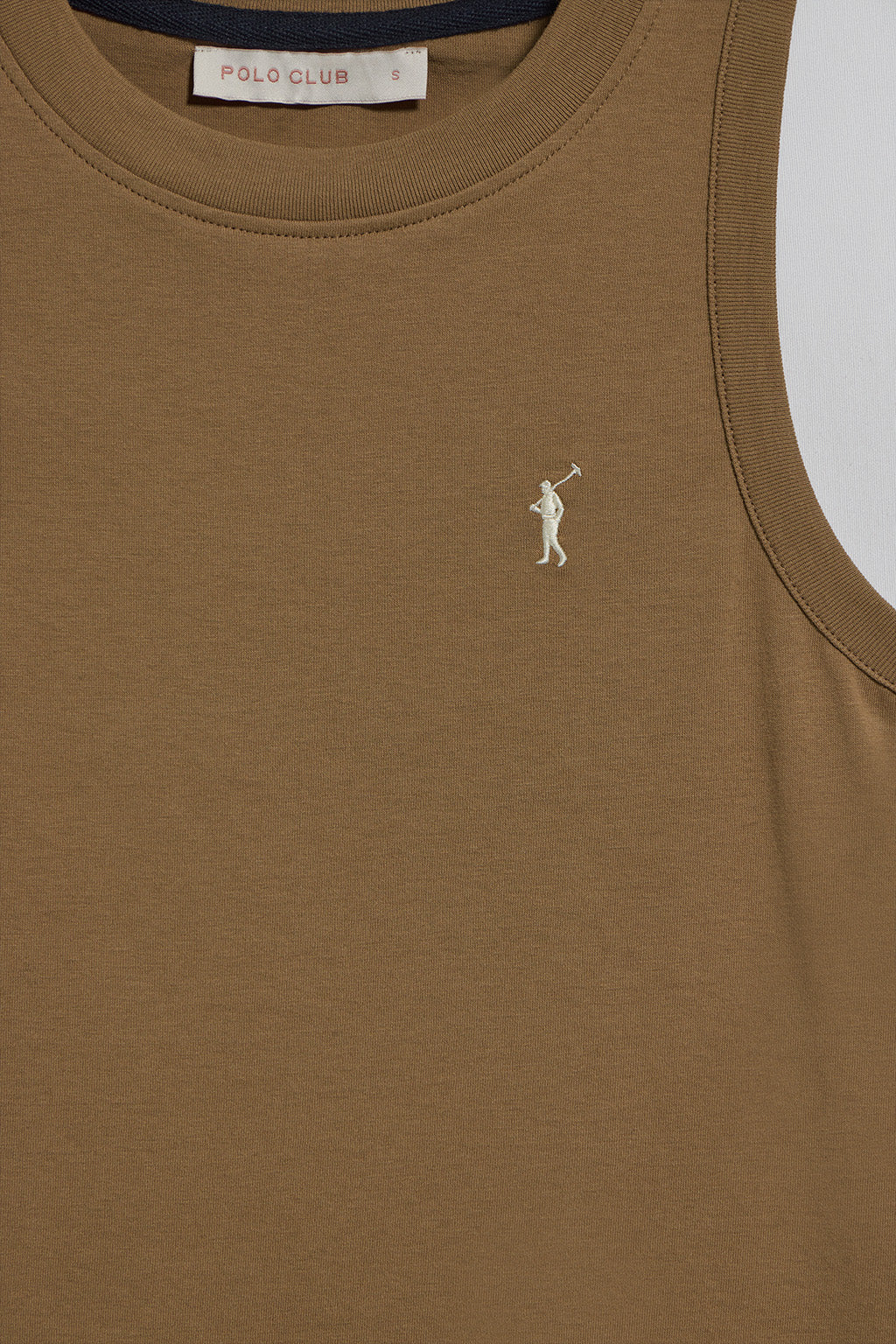 Brown sleeveless basic tee with round neck and Rigby Go embroidered logo - Image 7