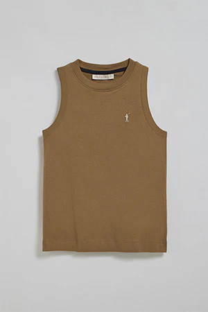 Brown sleeveless basic tee with round neck and Rigby Go embroidered logo - Image 9