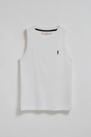White sleeveless basic tee with round neck and Rigby Go embroidered logo - Image 10