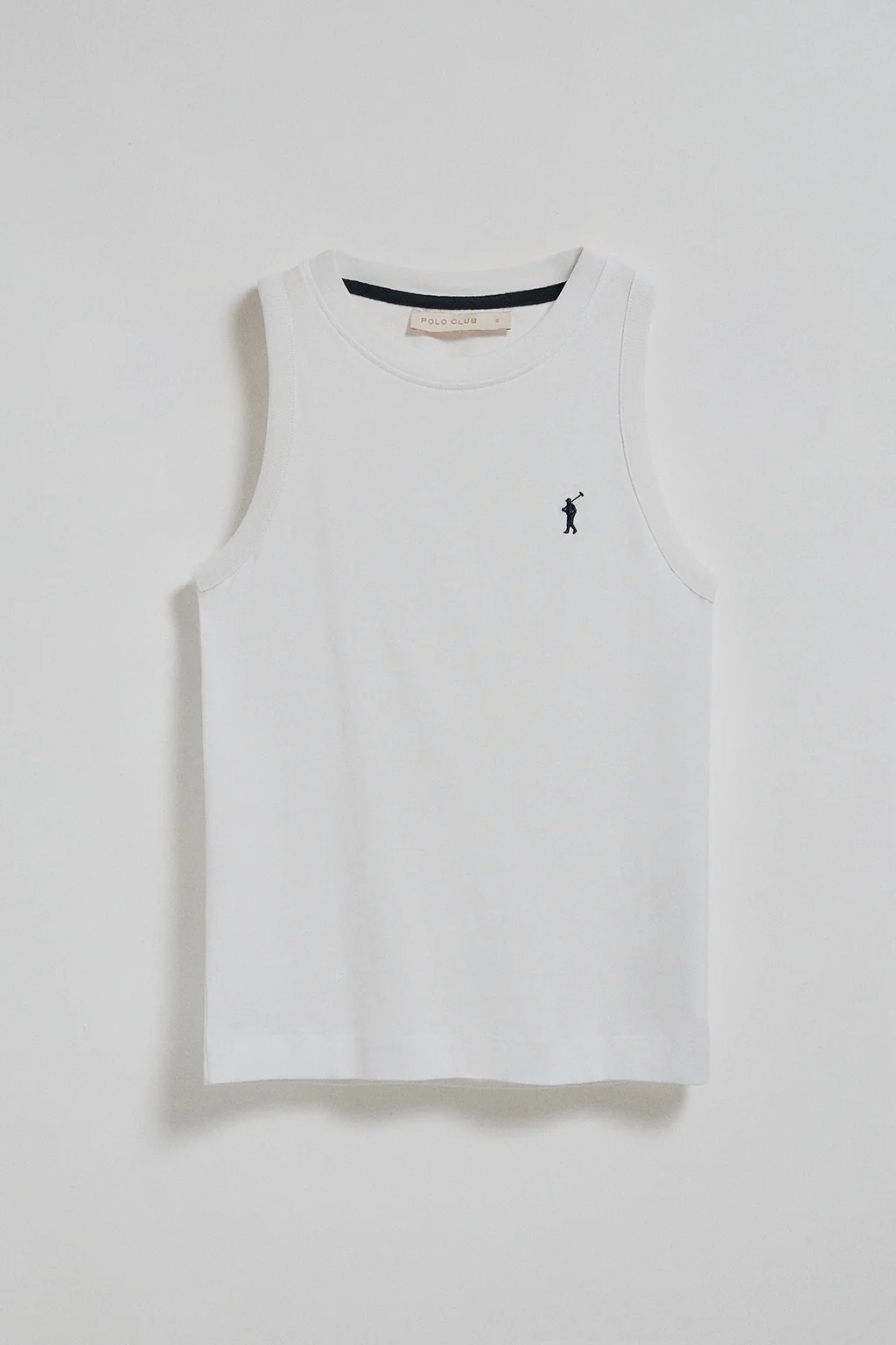 White sleeveless basic tee with round neck and Rigby Go embroidered logo - Image 6