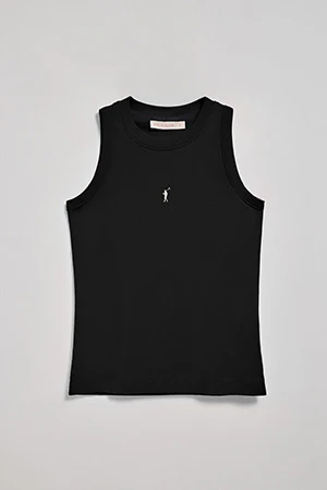 Black sleeveless basic tee with round neck and Rigby Go embroidered logo - Image 8