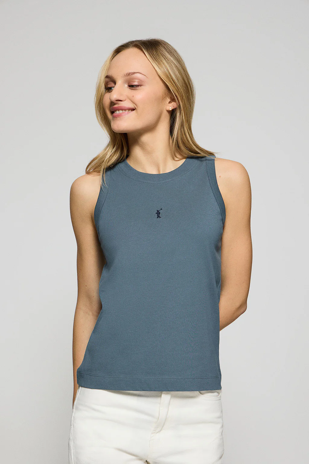Denim-blue sleeveless basic tee with round neck and Rigby Go embroidered logo