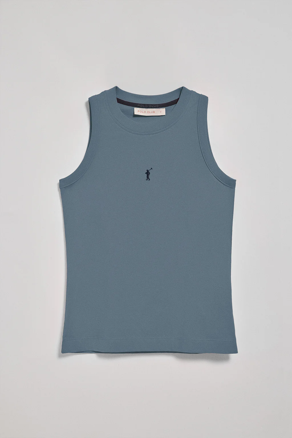 Denim-blue sleeveless basic tee with round neck and Rigby Go embroidered logo - Image 5