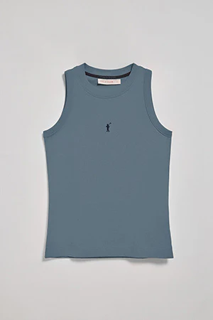 Denim-blue sleeveless basic tee with round neck and Rigby Go embroidered logo - Image 8