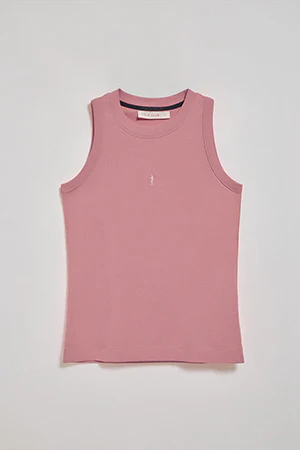 Dusty-pink sleeveless basic tee with round neck and Rigby Go embroidered logo - Image 8