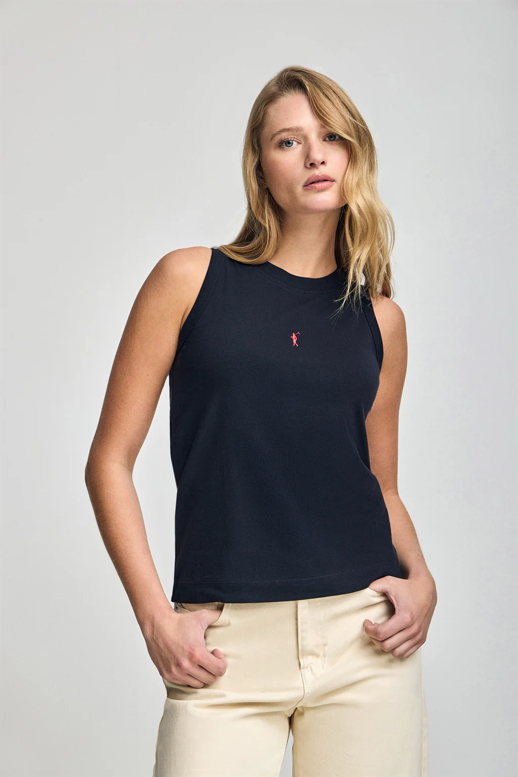 Navy-blue sleeveless basic tee with round neck and Rigby Go embroidered logo
