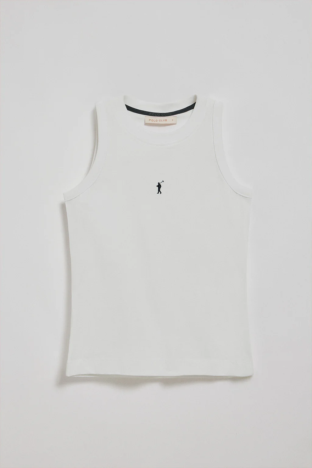 White sleeveless basic tee with round neck and Rigby Go embroidered logo - Image 8