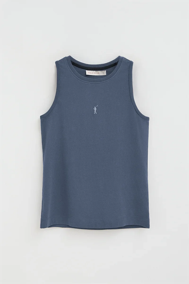 Denim-blue sleeveless T-shirt with slim fit and Rigby Go embroidery - Image 4