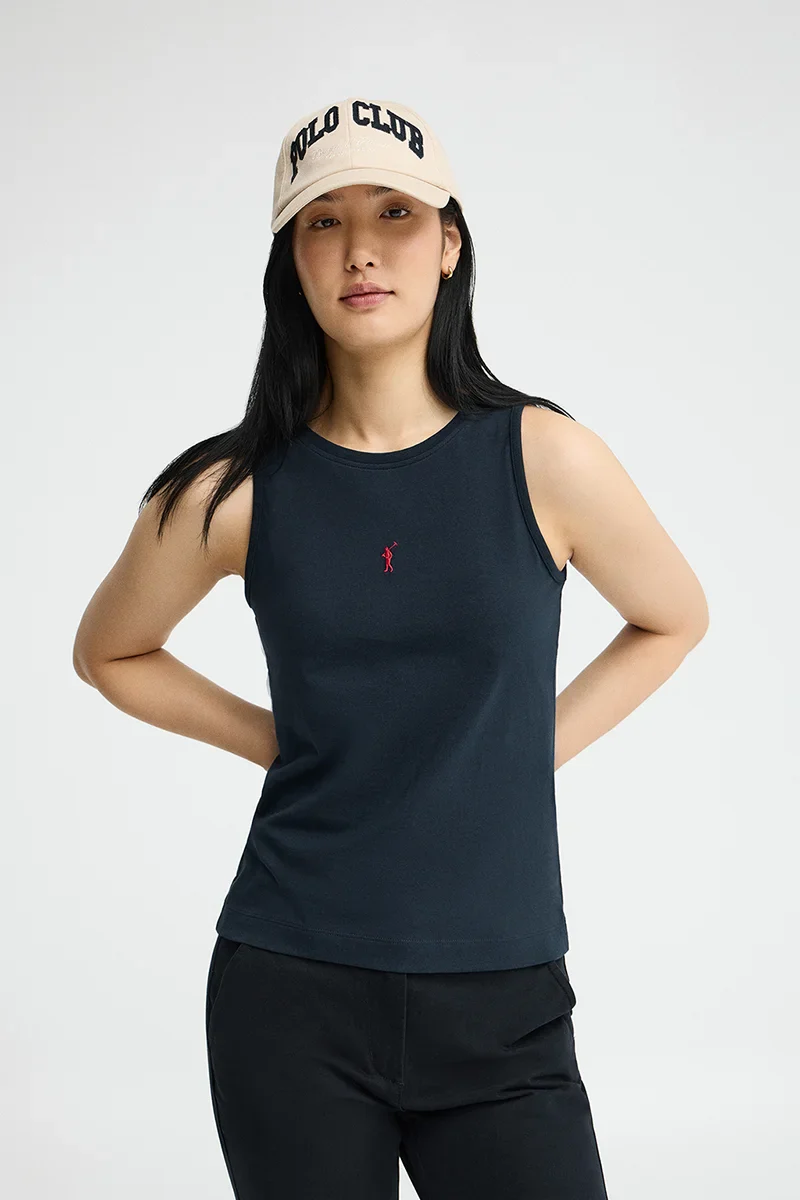Navy-blue sleeveless T-shirt with slim fit and Rigby Go embroidery