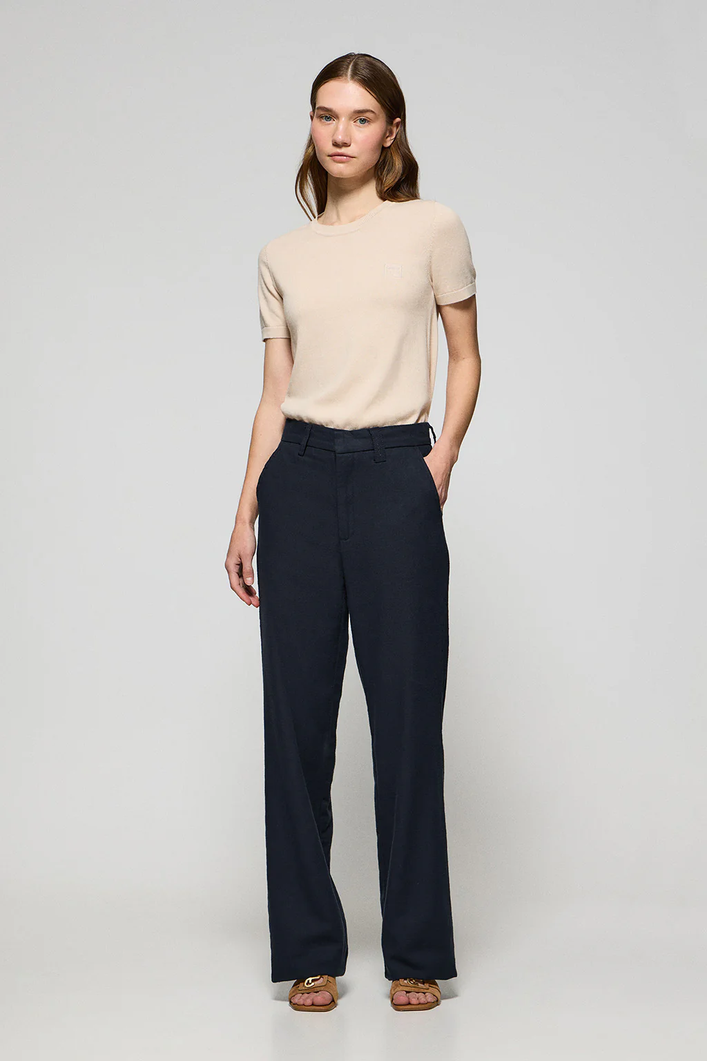 Navy-blue Tamara trousers in linen and cotton with embroidered Polo Club details
