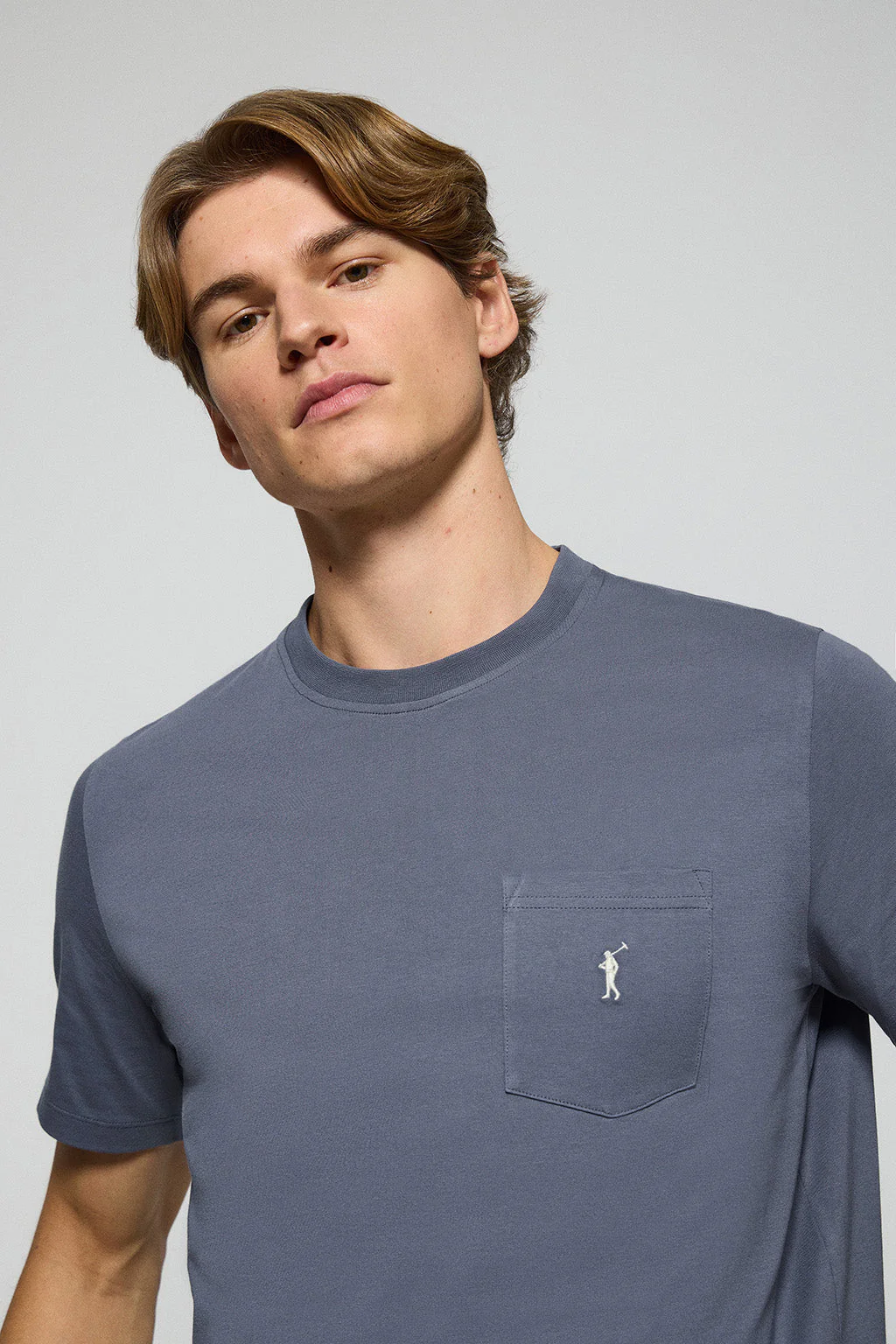 Denim-blue round-neck tee with pocket and Rigby Go logo - Image 2