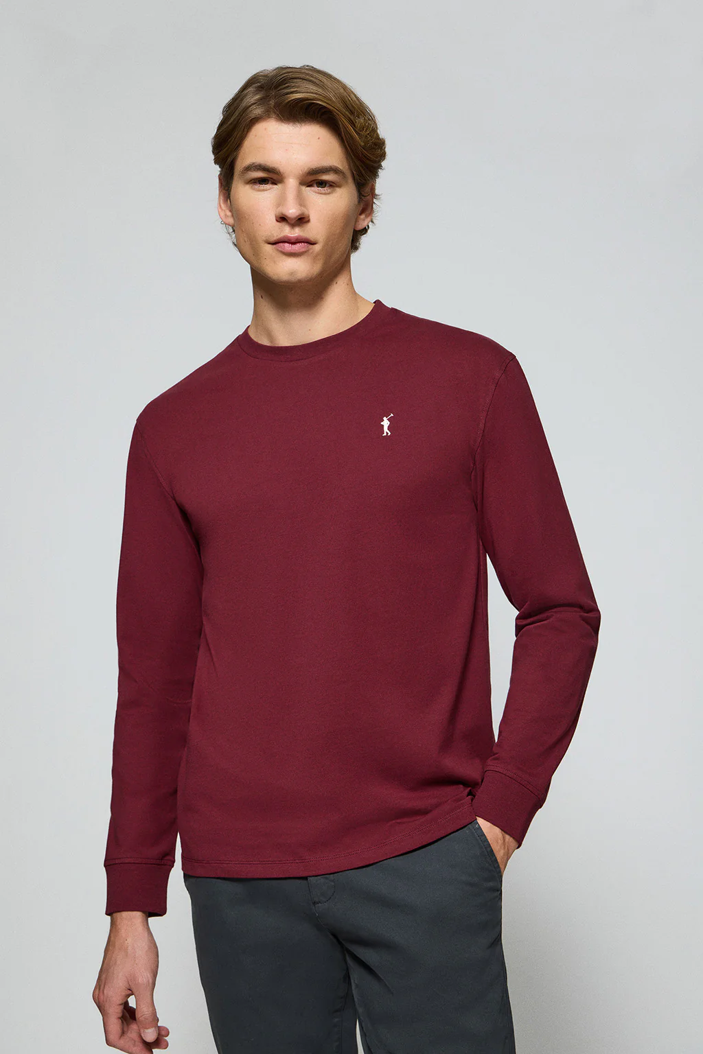 Maroon long-sleeve T-shirt with Rigby Go embroidered logo