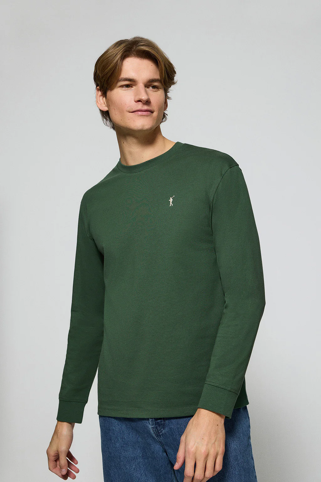 Green long-sleeve T-shirt with Rigby Go embroidered logo