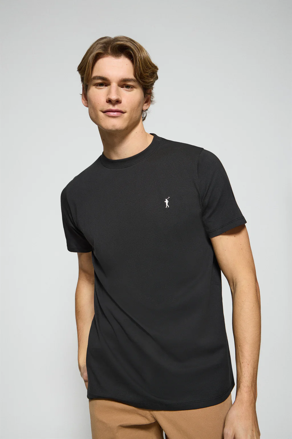 Black round-neck T-shirt with Rigby Go embroidered logo