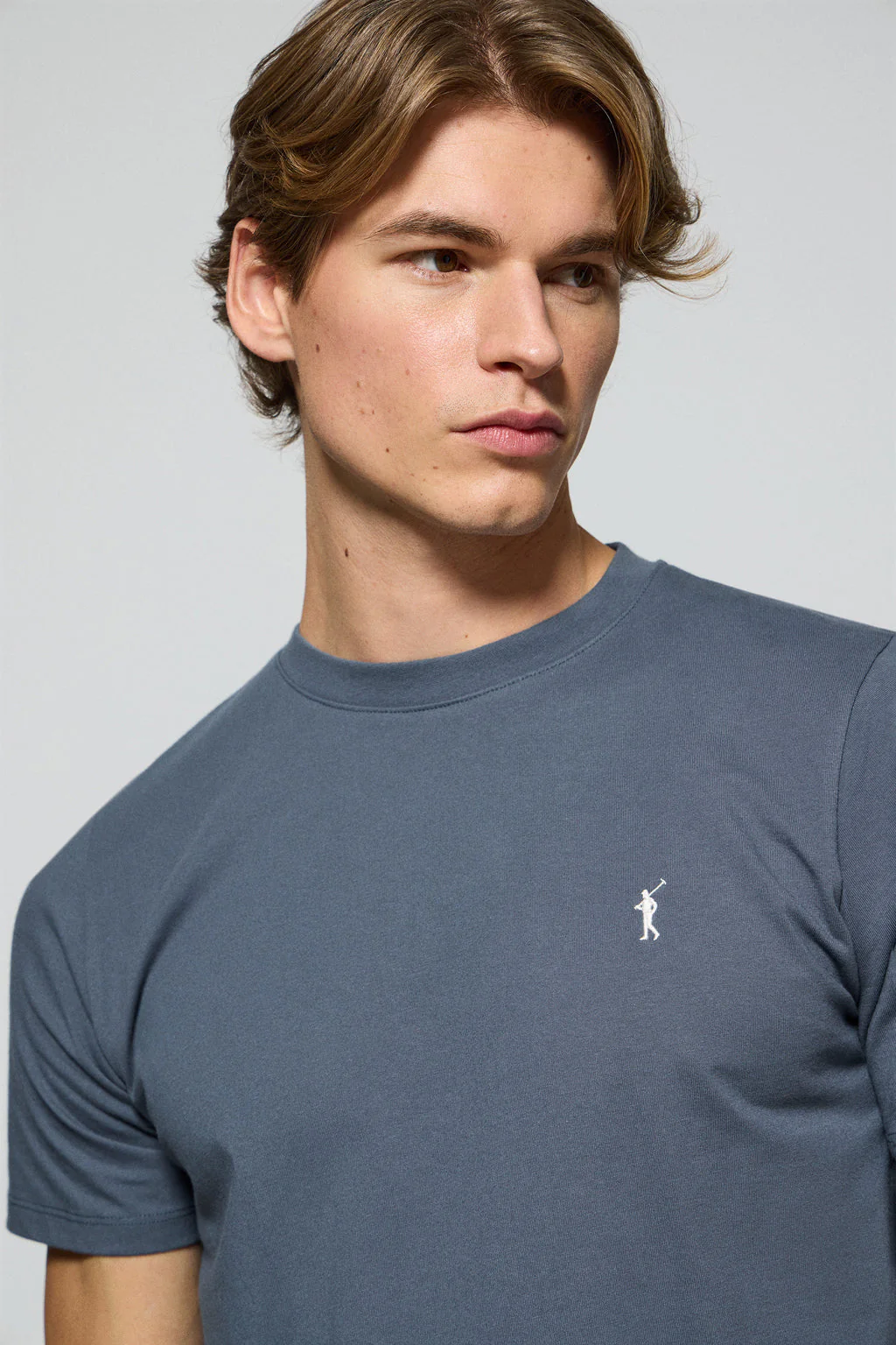 Denim-blue round-neck T-shirt with Rigby Go embroidered logo