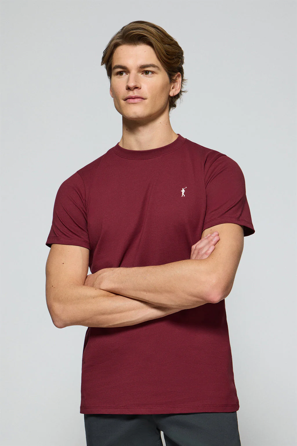 Maroon round-neck T-shirt with Rigby Go embroidered logo