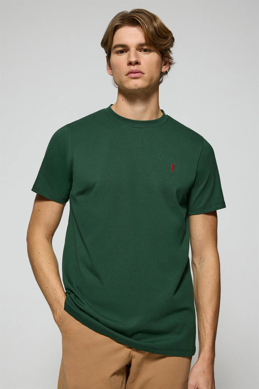 Bottle-green round-neck T-shirt with Rigby Go embroidered logo
