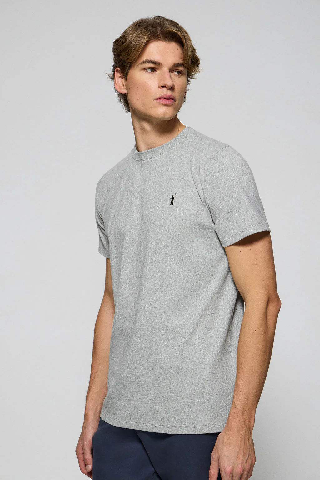Grey-marl round-neck T-shirt with Rigby Go embroidered logo