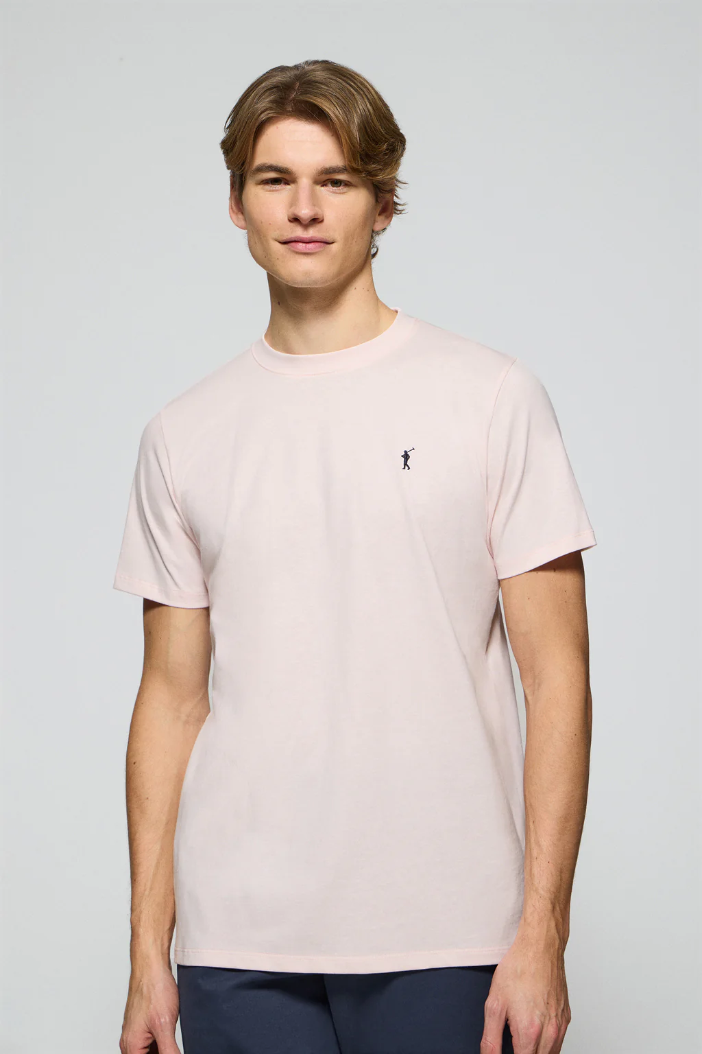 Light-pink round-neck T-shirt with Rigby Go embroidered logo