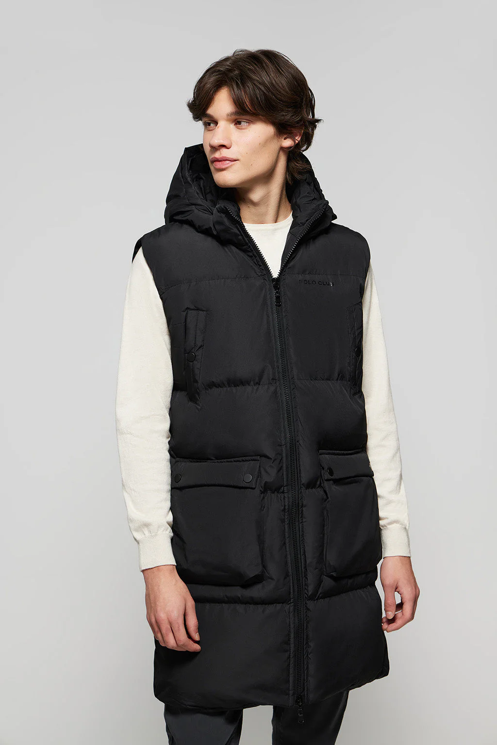 Black long puffer vest with pockets and Polo Club print