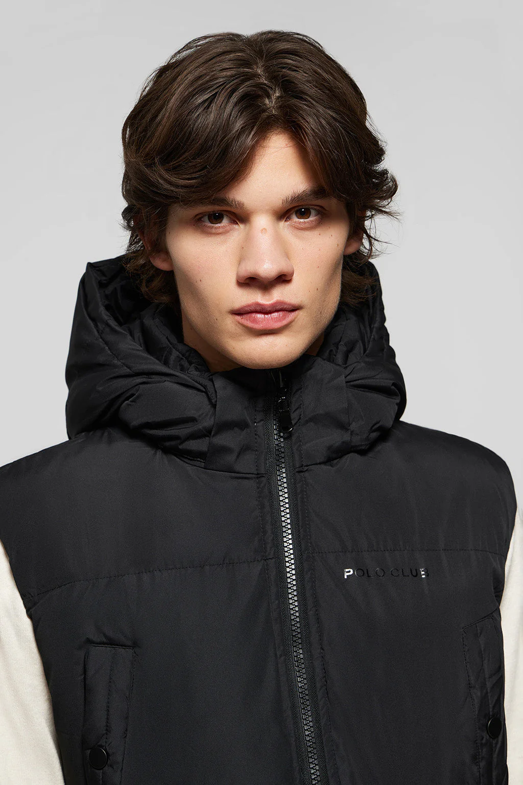 Black long puffer vest with pockets and Polo Club print - Image 3