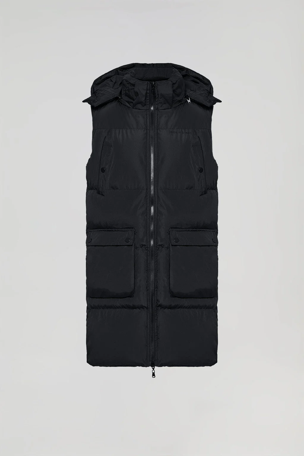Black long puffer vest with pockets and Polo Club print - Image 5