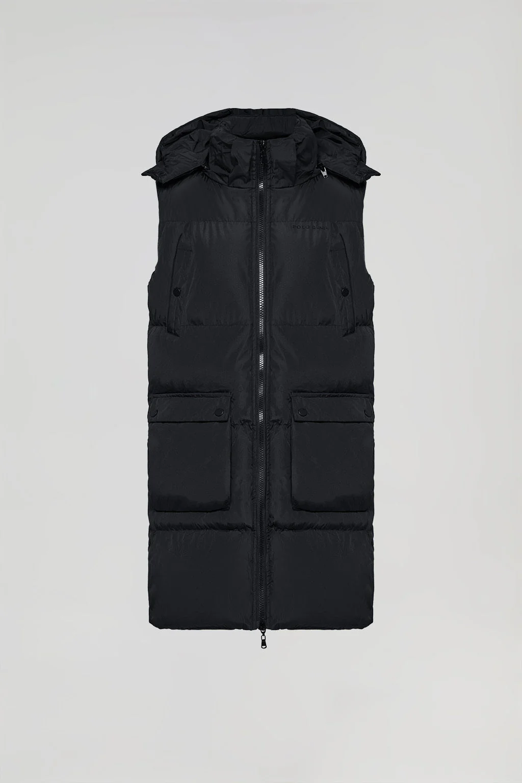 Black long puffer vest with pockets and Polo Club print - Image 8