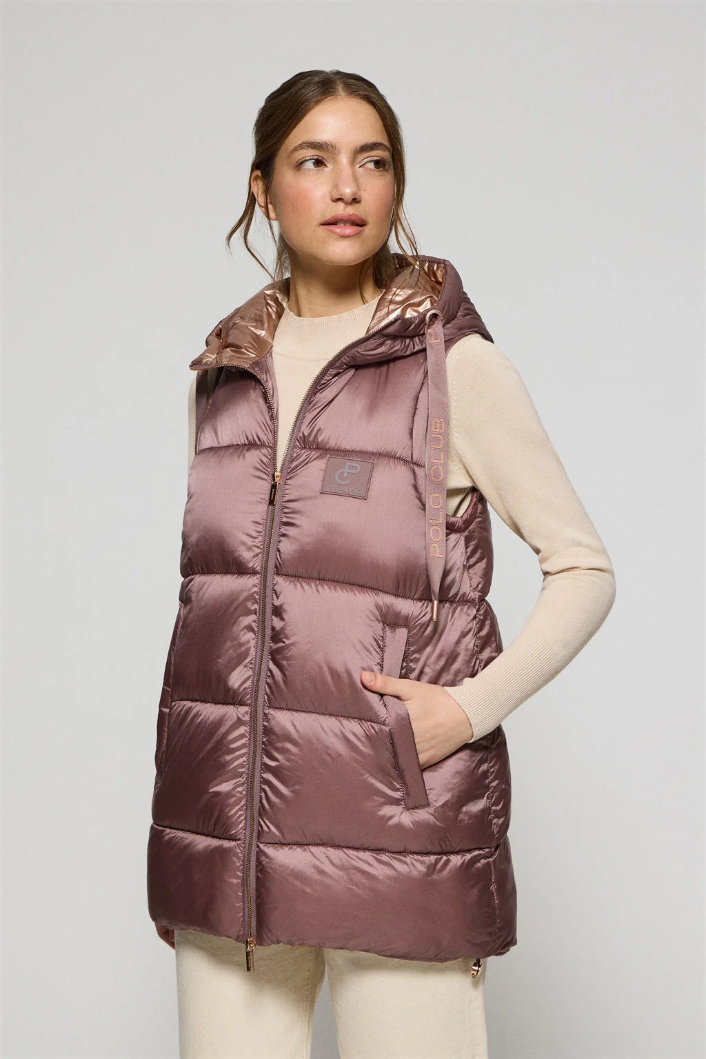 Taupe-pink puffer vest Ice with fixed hood and Polo Club details